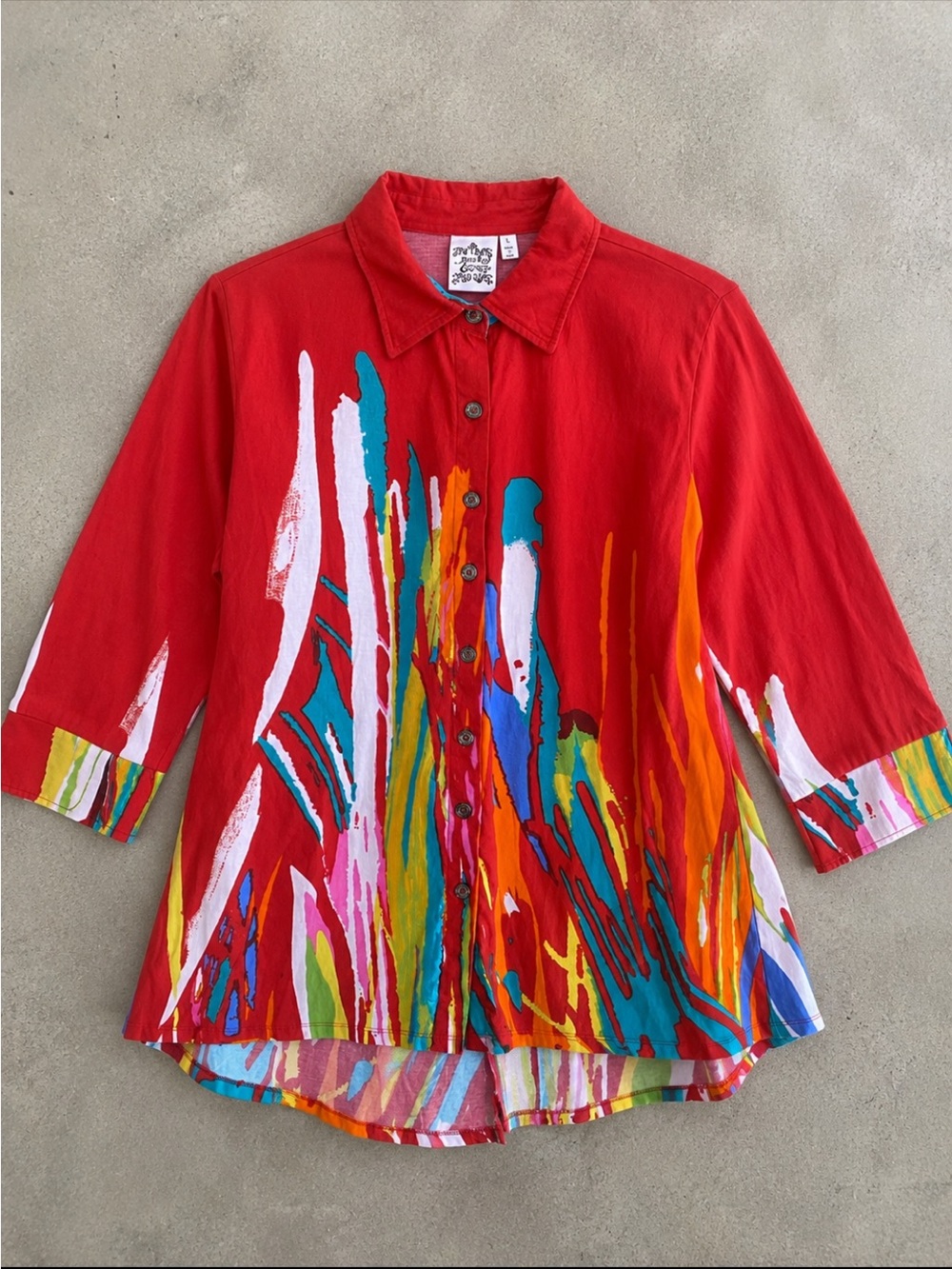 Parsley & Sage Red Abstract Art Print Button Front Tunic Blouse Woman Large